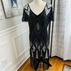 Womens Black Sequin Flapper Halloween Costume Dress w Fringe Sz XL